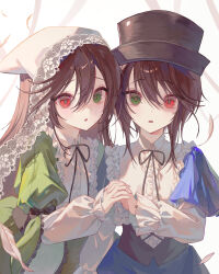  2girls :o absurdres brown_hair collared_shirt commentary dress falling_feathers feathers frills green_dress green_eyes gyun_0508 hat headscarf heterochromia highres holding_hands lace-trimmed_headwear lace_lappet lace_trim lolita_fashion long_hair long_sleeves looking_at_viewer medium_hair multiple_girls neck_ribbon red_eyes revision ribbon rozen_maiden shirt siblings sisters souseiseki suiseiseki twins upper_body white_coif white_headscarf worried 