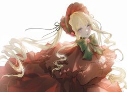  1girl absurdres aegyo_sal black_ribbon blonde_hair bloom blue_eyes bonnet bow bowtie capelet commentary dress drill_hair drill_sidelocks floating_hair flower frilled_dress frilled_sleeves frills from_above glint green_bow green_bowtie hair_ribbon hairband hand_up hat hat_flower hen_hen highres lolita_fashion lolita_hairband long_hair long_sidelocks long_sleeves looking_at_viewer pink_flower pink_lips pink_rose red_bonnet red_capelet red_dress ribbon rose rozen_maiden shinku sidelocks simple_background solo twintails untranslatable_commentary very_long_hair white_background 