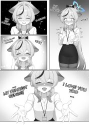  1girl absurdres animal_ears blue_archive blue_halo blush cawl closed_eyes collared_shirt commentary crying english_commentary greyscale halo highres kokona_(blue_archive) lanyard long_hair miniskirt monochrome office_lady open_mouth pantyhose pencil_skirt ponytail reaching reaching_towards_viewer shirt sidelocks skirt solo thighband_pantyhose very_long_hair 