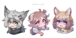  3girls absurdres ahoge animal_ear_fluff animal_ears arknights brown_hair commentary english_commentary eyjafjalla_(arknights) fangs grey_eyes grey_hair hair_between_eyes highres horns lappland_(arknights) long_hair looking_at_viewer multiple_girls open_mouth ponytail scar scar_across_eye scar_on_face sharktuna signature simple_background utage_(arknights) violet_eyes white_background 