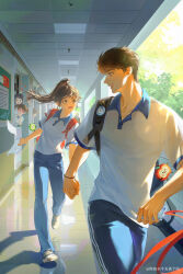  1boy 1girl absurdres asukaashuka bag black_bag blue_pants blue_shirt brown_eyes brown_hair caleb_(love_and_deepspace) collared_shirt commentary day english_commentary full_body hallway high_ponytail highres holding_hands knees_out_of_frame long_hair looking_at_another love_and_deepspace open_mouth pants people perspective ponytail profile protagonist_(love_and_deepspace) red_bag reflection school school_uniform shadow shirt shoes short_hair short_sleeves sneakers track_pants two-tone_shirt violet_eyes white_shirt wing_collar 