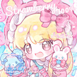  1girl :d bai_gui_hua_zi bear bear_hat blonde_hair blouse blush bow brown_eyes commission deformed hair_bow hand_puppet hat highres holding long_hair looking_at_viewer mihuashi_commission original pink_bow pink_hat portrait puppet rabbit shirt smile solo too_many_watermarks watermark white_shirt yume_kawaii 