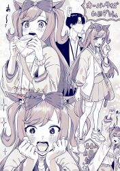  1boy 1girl agnes_digital_(casual)_(umamusume) agnes_digital_(umamusume) animal_ears arms_up bag birii blush bow clenched_hand closed_eyes commentary_request cup disposable_cup drink eating furrowed_brow hair_bow highres horse_ears horse_girl horse_tail jacket lanyard long_hair long_sleeves looking_at_viewer monochrome multiple_views open_clothes open_jacket open_mouth pleated_skirt scrunchie shirt shoes short_hair shoulder_bag sidelocks skirt sparkle speech_bubble standing swept_bangs tail thigh-highs trainer_(umamusume) translation_request two_side_up umamusume watermark wavy_mouth wrist_scrunchie 