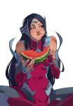  1girl absurdres bare_shoulders black_hair blue_eyes bodysuit breasts eating fingerless_gloves food food_on_face fruit gloves hair_ornament highres indian_style irelia league_of_legends long_hair looking_to_the_side nail_polish qi_mang_(qimang) red_nails seed simple_background sitting solo very_long_hair watermelon white_background 