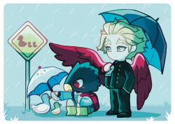  2boys bird bird_boy black_pants blonde_hair boku_no_hero_academia boots border buttons chibi chibi_only commentary duck english_commentary full_body furry furry_male gakuran hawks_(boku_no_hero_academia) holding holding_umbrella male_focus multiple_boys pants rain red_wings rubber_boots school_uniform sharktuna smile squatting tokoyami_fumikage umbrella white_border wings 