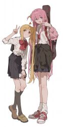  2girls ahoge arm_up black_skirt blonde_hair blue_eyes bocchi_the_rock! bow braid brown_shoes closed_mouth clothes_around_waist detached_ahoge full_body gotoh_hitori hair_between_eyes hand_up highres ijichi_nijika instrument_case instrument_case_on_back jacket jacket_around_waist leg_warmers long_hair looking_at_viewer multiple_girls open_mouth pink_hair ponytail ponytail_with_braided_base red_bow red_shoes school_uniform shimokitazawa_high_school_uniform shirt shirt_tucked_in shoes side_ponytail silverbobcut simple_background skirt smile sneakers standing v very_long_hair white_background white_leg_warmers white_shirt 