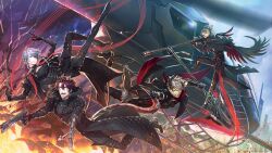 4boys :d above-cleavage_cutout absurdres aiming aircraft arm_wrap axe battle_axe belt black_belt black_boots black_cape black_cloak black_coat black_gloves black_hair black_pants black_shirt blue_hair boots brown_hair building cape chest_belt clenched_teeth cloak closed_mouth clothing_cutout coat collarbone commentary_request compression_shirt conductor_baton copyright_notice crack crimzon_ruze crown curtained_hair dinosaur_boy dinosaur_tail dual_wielding earrings elbow_gloves explosion eyebrow_cut feather_trim fingernail_gloves fur-trimmed_coat fur-trimmed_sleeves fur_trim gloves goldbullet grey_hair gun hair_between_eyes handgun hands_up helicopter highres holding holding_another's_tail holding_axe holding_baton holding_gun holding_weapon holoarmis holostars holostars_english jacket jewelry jurard_t_rexford knee_up long_hair looking_ahead looking_at_another male_focus midair multicolored_hair multiple_boys musical_staff octavio official_art outstretched_arm outstretched_leg padded_coat pants pink_eyes pointy_ears ponytail red_cape red_hair rifle rope_ladder scales scope serious sharp_teeth shirt short_hair short_ponytail skyscraper smile sniper_rifle spiked_gloves stole suzuki_rui tail teeth thigh_boots tri_braids two-sided_cloak two-sided_fabric two-sided_jacket two-tone_hair violet_eyes virtual_youtuber weapon white_nails yellow_eyes 