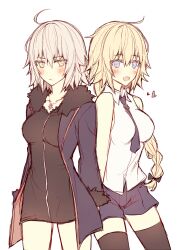  2girls ahoge bare_shoulders black_bow black_dress black_thighhighs blonde_hair blue_eyes blush bow braid breasts closed_mouth collarbone collared_shirt commentary cowboy_shot dress dual_persona eyelashes fate/grand_order fate_(series) fur-trimmed_jacket fur-trimmed_sleeves fur_trim grey_hair hair_between_eyes hair_bow half-closed_eyes heart jacket jeanne_d'arc_(fate) jeanne_d'arc_(girl_from_orleans)_(fate) jeanne_d'arc_alter_(fate) jeanne_d'arc_alter_(ver._shinjuku_1999)_(fate) jewelry kvlen lapels large_breasts long_hair looking_at_viewer low-braided_long_hair low-tied_long_hair multiple_girls necklace open_clothes open_jacket open_mouth pale_skin purple_jacket purple_shorts red_jacket shirt short_dress short_hair short_shorts shorts sidelocks simple_background single_braid sleeveless sleeveless_dress sleeveless_shirt smile standing teeth thigh-highs two-sided_fabric two-sided_jacket untranslatable_commentary white_background white_shirt yellow_eyes 