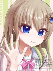  1girl 9-nine- blue_eyes blush bow bowtie brown_hair cardigan closed_mouth colored_eyelashes commentary_request dress eyes_visible_through_hair gear_hair_ornament hair_between_eyes hair_ornament hakusen_academy_school_uniform hand_up highres kujou_miyako long_hair long_sleeves looking_at_viewer open_cardigan open_clothes outstretched_hand pink_bow pink_bowtie pink_cardigan rokuhyou school_uniform sidelocks simple_background smile solo twitter_username upper_body watermark waving white_background white_dress wing_hair_ornament 