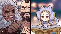  1girl 2boys :3 akuma_(street_fighter) anger_vein beard black_sclera blonde_hair book braid braided_bangs brown_hair chibi colored_sclera commentary facial_hair full_beard grey_hair highres ingrid_(capcom) meme multiple_boys red_eyes shouting sidelocks split_screen street_fighter street_fighter_6 sweat untranslatable_commentary woman_yelling_at_cat_(meme) yumi_xsh zangief 