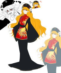  1girl :d absurdres angry black_dress blonde_hair chibi closed_mouth commentary_request dalachi_(headdress) dress english_text full_body highres junko_(touhou) ktsis long_hair long_sleeves looking_at_viewer multiple_expressions open_mouth red_eyes red_tabard smile standing tabard touhou wide_sleeves 