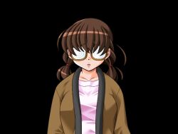  1girl black_background boku_no_himitsu_taiken breasts brown_hair collarbone game_cg glasses hanten_(clothes) large_breasts large_variant_set long_sleeves low_twintails mame medium_hair non-web_source opaque_glasses open_mouth pink_shirt raised_inner_eyebrows shirt simple_background solo tsukamoto_nanako_(boku_no_himitsu_taiken) twintails upper_body variant_set 