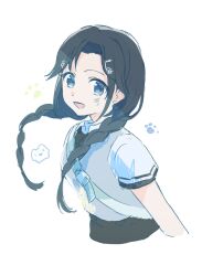  1girl black_hair black_skirt blue_shirt braid collared_shirt highres honeirehashi idolmaster idolmaster_shiny_colors low_twin_braids miniskirt mitsumine_yuika multiple_hair_clips necktie open_mouth shirt skirt smile solo sweater_vest twin_braids white_background 