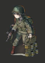  1girl boots brown_boots brown_eyes brown_hair can combat_helmet commission english_commentary erica_(naze1940) folded_stock green_background green_hat green_jacket green_pants gun hat helmet highres holding holding_can holding_gun holding_weapon jacket jerry_can m1_carbine m1_helmet military_combat_uniform military_uniform original pants paratrooper rifle simple_background solo united_states_army weapon world_war_ii 