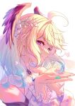  1girl ahoge blonde_hair blue_hair enna_alouette flower frills gradient_hair green_nails hair_flower hair_ornament head_wings highres long_hair looking_at_viewer multicolored_hair nijisanji nijisanji_en purple_wings solo violet_eyes virtual_youtuber white_flower wings zhihuzheyejiuye 