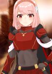  1girl absurdres arm_guards armor bodysuit braid breastplate chromatic_aberration closed_mouth covered_navel fire_emblem fire_emblem_engage grey_bodysuit grey_hairband hair_ribbon hairband highres keaworks lapis_(fire_emblem) light_particles looking_at_viewer pink_hair pleated_skirt red_armor red_eyes red_hairband red_skirt ribbon short_hair shoulder_armor side_braid skirt smile solo swept_bangs two-tone_hairband white_ribbon 