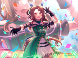  1girl animal_ears bare_shoulders black_gloves blush bow breasts brown_hair buttons coat commentary_request confetti double-breasted dress ear_bow ear_covers ear_ribbon garter_straps gloves glowstick green_bow green_dress horse_ears horse_girl horse_tail king_halo_(king_of_emeralds)_(umamusume) king_halo_(umamusume) long_hair looking_at_viewer medium_breasts off-shoulder_coat off-shoulder_dress off_shoulder open_mouth penlight_(glowstick) red_eyes screen smile solo sweat tail thigh-highs umamusume utada_kuero 
