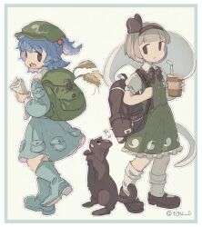  2girls backpack bag black_bag black_bow black_bowtie black_cat black_hairband black_shoes blue_boots blue_hair blue_shirt blue_skirt boots border bow bowtie cat chigu closed_mouth commentary_request cup disposable_cup drinking_straw green_bag green_border green_hat green_skirt green_vest grey_hair hair_bobbles hair_ornament hairband hat highres hitodama hitodama_print holding holding_cup kawashiro_nitori konpaku_youmu konpaku_youmu_(ghost) mary_janes multiple_girls open_mouth rubber_boots shirt shoes short_hair skirt skirt_set socks touhou twitter_username two_side_up vest white_socks 