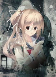  1girl bow brown_cardigan brown_eyes brown_hair cardigan chaos;child clenched_teeth clothes_pull collarbone flat_chest glasses hair_over_shoulder hair_ribbon hekiho_academy_school_uniform long_hair long_sleeves looking_at_viewer official_art one_side_up parted_lips ribbon round_eyewear sailor_collar sailor_shirt sasaki_mutsumi school_uniform science_adventure shirt solo standing sumo_sticker_(chaos;child) teeth white_sailor_collar yamazoe_uki 
