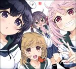  4girls akebono_(kancolle) animal bandaid bandaid_on_face bell black_hair black_socks blue_skirt brown_eyes crab fingernails flower green_sailor_collar grin hair_bell hair_bobbles hair_flower hair_ornament jingle_bell kantai_collection kneehighs light_brown_hair long_hair medium_hair multiple_girls nail_polish oboro_(kancolle) open_mouth parted_lips pink_eyes pink_flower pink_hair pink_nails pleated_skirt purple_hair rabbit sailor_collar sazanami_(kancolle) school_uniform serafuku short_sleeves side_ponytail simple_background skirt smile socks sumeragi_hamao twintails ushio_(kancolle) violet_eyes white_background 