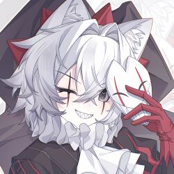  1boy androgynous animal_ears animification bishounen black_hat black_shirt chinese_commentary clownpierce commentary_request commission facepaint gloves grey_eyes grin hair_between_eyes hair_intakes hat heart heart_in_eye highres holding holding_mask humanization jester_cap jiedunkedewohaoshuanga kemonomimi_mode looking_at_viewer male_focus mask minecraft_youtube neck_ruff one_eye_closed parkour_civilization portrait red_gloves sharp_teeth shirt smile solo symbol_in_eye teeth white_hair wolf_boy wolf_ears zoom_layer 