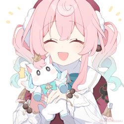  1girl blue_bow blue_hair bow closed_eyes commentary_request drill_hair emphasis_lines facing_viewer gradient_hair hat highres holding holding_stuffed_toy honkai:_star_rail honkai_(series) hyacine_(honkai:_star_rail) little_ica_(honkai:_star_rail) memosprite multicolored_hair open_mouth pink_hair red_hat red_vest shirt simple_background smile solo stuffed_toy twin_drills twintails twitter_username upper_body uwasewau vest white_background white_shirt 