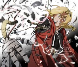  1boy automail blonde_hair coat commentary edward_elric fullmetal_alchemist highres male_focus mechanical_arms okbdko123 prosthesis prosthetic_arm red_coat single_mechanical_arm solo untranslatable_commentary 
