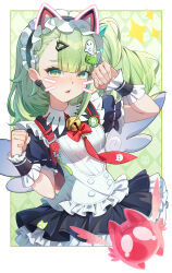  1girl absurdres angel_wings apron argyle_background asymmetrical_bangs bell black_dress black_wrist_cuffs border bow bowtie breasts chinese_commentary clenched_hands commentary_request cropped_legs drawn_ears drawn_whiskers dress earrings fake_wings frilled_apron frilled_dress frilled_wrist_cuffs frills ghost_hair_ornament green_background green_eyes green_hair hair_ornament hairclip heart heart_earrings highres jewelry light_blush long_hair neck_bell necktie official_alternate_costume parted_lips paw_pose red_bow red_bowtie red_necktie shikongqumingjiaowuxin single_sidelock small_breasts solo sunna_(afternoon_tea_break)_(zenless_zone_zero) sunna_(zenless_zone_zero) white_apron white_border white_wings wings wrist_cuffs zenless_zone_zero 