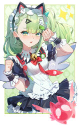  1girl absurdres angel_wings apron argyle_background asymmetrical_bangs bell black_dress black_wrist_cuffs border bow bowtie breasts chinese_commentary clenched_hands commentary_request cropped_legs dress earrings fake_wings frilled_apron frilled_dress frilled_wrist_cuffs frills ghost_hair_ornament green_background green_eyes green_hair hair_ornament hairclip heart heart_earrings highres jewelry light_blush long_hair neck_bell necktie official_alternate_costume parted_lips paw_pose red_bow red_bowtie red_necktie shikongqumingjiaowuxin single_sidelock small_breasts solo sunna_(afternoon_tea_break)_(zenless_zone_zero) sunna_(zenless_zone_zero) white_apron white_border white_wings wings wrist_cuffs zenless_zone_zero 