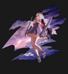  1girl absurdres blue_dress breasts brown_eyes dress dual_wielding fate/grand_order fate_(series) flying full_body grey_hair highres holding long_hair melusine_(fate) melusine_(second_ascension)_(fate) ocean small_breasts thigh-highs ttyhart twilight white_thighhighs 