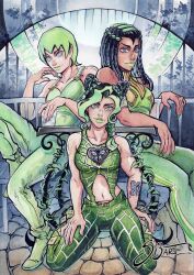  3girls arm_tattoo armlet bare_shoulders black_hair blue_eyes blue_shirt braid braided_bun breasts bun_with_braided_base butterfly_tattoo closed_mouth commentary crop_top crossed_legs dark-skinned_female dark_skin double_bun dreadlocks english_commentary ermes_costello feet_out_of_frame foo_fighters_(jojo) green_eyes green_hair green_lips green_overalls green_pants green_shirt green_vest grey_eyes hair_bun hand_up heart_ornament highres jewelry jojo_no_kimyou_na_bouken kujo_jolyne looking_at_viewer medium_breasts multicolored_hair multiple_girls navel one_eye_closed overalls pants parted_lips shirt shoes short_hair si3art simple_background sleeveless sleeveless_shirt small_breasts smile standing standing_on_one_leg sticker stone_ocean tattoo teeth tongue tongue_out two-tone_hair vest 