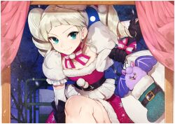  1girl aikatsu! aikatsu!_(series) bare_tree bat_(animal) belt black_belt black_gloves blonde_hair blue_eyes blunt_bangs christmas commentary_request curtains dress drill_hair earrings fang fur-trimmed_dress fur_trim gloves green_socks highres hitoto holding holding_sack jewelry long_hair looking_at_viewer night pink_dress puffy_short_sleeves puffy_sleeves sack santa_costume short_sleeves smile socks solo todo_yurika tree twin_drills twintails window 