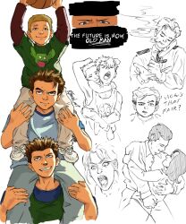  2boys 3boys aged_down alternate_universe animification ball basketball basketball_(object) basketball_uniform blonde_hair blue_eyes blue_shirt brothers brown_eyes brown_hair carrying carrying_under_arm child cigar cigarette closed_eyes closed_mouth commentary dewey_(malcolm_in_the_middle) english_commentary english_text francis_(malcolm_in_the_middle) green_eyes green_shirt hal_(malcolm_in_the_middle) highres holding holding_ball holding_cigarette hug layered_sleeves lois_(malcolm_in_the_middle) long_sleeves looking_at_another looking_at_viewer looking_up malcolm_(malcolm_in_the_middle) malcolm_in_the_middle male_focus multiple_boys multiple_views open_mouth pants partially_colored piggyback pompadour rbniel reese_(malcolm_in_the_middle) shirt shoes short_hair short_over_long_sleeves short_sleeves shorts shoulder_carry siblings simple_background smile smoke smoking sneakers sportswear tank_top teeth white_background yawning 