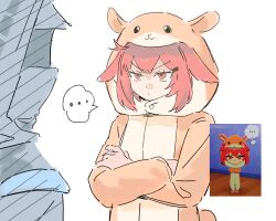  ... 1girl 1other ambiguous_gender animal_costume arknights commentary_request crossed_arms crownslayer_(arknights) doctor_(arknights) dopperu_ben floppy_ears hair_ornament hairclip highres hyena_ears hyena_girl long_sleeves red_eyes red_hair screenshot_inset short_hair simple_background spoken_ellipsis tomodachi_life tomodachi_life:_living_the_dream unamused upper_body v-shaped_eyebrows white_background 