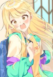  1girl :o alternate_hairstyle bag blue_bag blush commentary_request floating_hair fujita_kotone gakuen_idolmaster idolmaster indoors jacket long_hair long_sleeves multicolored_jacket school_bag shiroquroha_t shirt solo straight_hair sweatdrop upper_body very_long_hair yellow_shirt 