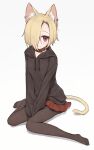  1girl 3: animal_collar animal_ear_fluff animal_ears between_legs black_hoodie black_pantyhose blonde_hair cat_ears cat_girl cat_tail closed_mouth collar collarbone drawstring ear_piercing eyelashes fang fang_out grey_background hair_over_one_eye hand_between_legs highres hood hood_down hoodie idolmaster idolmaster_cinderella_girls kemonomimi_mode legs light_blush long_bangs long_sleeves looking_at_viewer miniskirt multiple_piercings no_shoes one_eye_covered own_hands_together pantyhose parted_bangs piercing pleated_skirt red_collar red_eyes red_skirt shirasaka_koume shone short_hair simple_background sitting skirt solo split_mouth tail v_arms wariza yellow_tail 