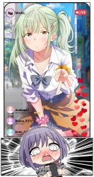  2girls absurdres aroused_nosebleed bang_dream! bang_dream!_it's_mygo!!!!! black_choker blood blush bow bowtie brown_cardigan cardigan cardigan_around_waist cellphone chat_log choker closed_mouth clothes_around_waist commentary dress_shirt english_commentary english_text frilled_shirt frills green_hair grey_bow grey_bowtie grey_shirt grey_skirt gyaru_v highres holding holding_phone izami_md long_hair mortis_(bang_dream!) mortis_(persona)_(bang_dream!) multiple_girls nosebleed one_side_up phone plaid_clothes plaid_skirt purple_hair school_uniform scrunchie shirt skirt smartphone three-quarter_sleeves v wakaba_mutsumi white_shirt wrist_scrunchie yellow_eyes yuutenji_nyamu 