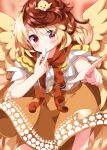  1girl animal animal_on_head bird bird_on_head bird_tail bird_wings blonde_hair blush chick commentary_request dress feathered_wings highres multicolored_hair niwatari_kutaka on_head orange_dress red_eyes redhead ruu_(tksymkw) shirt short_hair short_sleeves solo tail touhou two-tone_hair whistle whistle_around_neck whistling white_shirt wings yellow_wings 