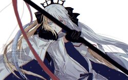  1girl aesc_(fate) aesc_(savior)_(fate) artist_name black_bow black_gloves black_tiara blonde_hair blue_eyes blue_ribbon bow cape chain closed_mouth commentary_request dress fate/grand_order fate_(series) floating_hair fur-trimmed_cape fur_trim gloves grey_hair hair_bow hakaba_garden hand_up heterochromia highres long_hair long_sleeves looking_at_viewer morgan_le_fay_(fate) morgan_le_fay_(third_ascension)_(fate) multicolored_hair ribbon sidelocks simple_background solo standing tiara two-tone_hair upper_body very_long_hair violet_eyes watermark white_background white_cape white_dress wide_sleeves 