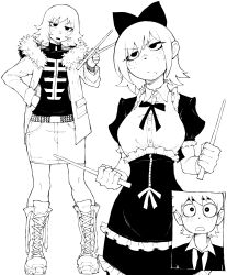  1boy 1girl absurdres black_eyeshadow black_jacket black_shoes blush boots bow drumsticks eyeshadow freckles greyscale hair_bow heart heart-shaped_pupils highres jacket kekel kim_pine maid makeup medium_hair monochrome multiple_views narrow_waist scott_pilgrim scott_pilgrim_(series) shoes short_hair skirt suit symbol-shaped_pupils thigh_boots white_background 