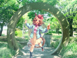  1girl animal_ears aqua_cardigan black_socks blue_cardigan blush breasts brown_hair brown_shoes cardigan casual commentary_request ears_through_headwear hair_ornament hairclip hat holding holding_ice_cream_cone horse_ears horse_girl horse_tail ice_cream_cone jacket long_sleeves looking_at_viewer matikanetannhauser_(casual)_(umamusume) matikanetannhauser_(umamusume) medium_hair multicolored_hair newsboy_cap open_mouth outdoors pink_shirt red_hat shirt shoes smile socks solo tail umamusume utada_kuero yellow_eyes 