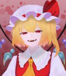  1girl :d ascot blonde_hair bow collared_shirt commentary crystal eyelashes fangs flandre_scarlet frilled_shirt_collar frills hair_between_eyes half-closed_eyes hat hat_bow highres karumia looking_at_viewer mob_cap one_side_up open_mouth portrait red_bow red_eyes red_vest shirt short_hair smile solo teeth tongue touhou vest white_headwear white_shirt wings yellow_ascot 