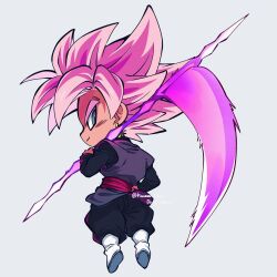  1boy black_pants black_shirt boots chibi chibi_only closed_mouth commentary_request dougi dragon_ball dragon_ball_super earrings energy_blade from_behind goku_black grey_background grey_eyes grey_tunic hand_on_own_hip hand_up highres holding holding_scythe jewelry komesan_0212 long_sleeves looking_back male_focus medium_hair over_shoulder pants pants_tucked_in pink_hair potara_earrings red_sash sash scythe shirt simple_background smile solo spiky_hair super_saiyan super_saiyan_rose tunic twitter_username weapon weapon_over_shoulder white_boots 