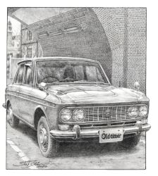  bridge building car commentary_request dated graphite_(medium) greyscale highres license_plate monochrome motor_vehicle nissan nissan_bluebird no_humans original outdoors road shin_iroenpitsu signature town traditional_media vehicle_focus 