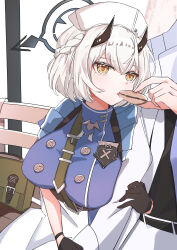  1boy 1girl absurdres apron bag black_gloves black_halo blue_archive blue_dress braid breasts buttons commentary_request demon_girl demon_horns double-breasted dress eating feeding food gloves green_bag grey_hair half_up_braid halo hat highres holding holding_food horns jacket large_breasts muteppona_hito nurse_cap on_bench puffy_short_sleeves puffy_sleeves sena_(blue_archive) short_hair short_sleeves simple_background sitting waist_apron white_apron white_background white_jacket yellow_eyes 
