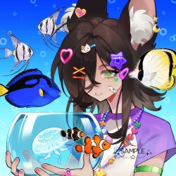  1girl angelfish animal_ears bandaid bandaid_on_face bead_necklace beads blurry bokeh brown_hair butterflyfish cameo clownfish decora depth_of_field fish fishbowl frutiger_aero gradient_background green_eyes hair_ornament hair_over_one_eye heart heart_hair_ornament hello_kitty hello_kitty_(character) highres holding jellyfish jewelry long_hair necklace original portrait raglan_sleeves regal_blue_tang sanrio solo star_(symbol) star_hair_ornament tropical_fish wei_wei_fankun 