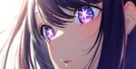  1girl absurdres blurry blush close-up commentary depth_of_field eyebrows_hidden_by_hair eyelashes eyes_visible_through_hair highres hoshino_ai_(oshi_no_ko) lips nose oshi_no_ko parted_lips purple_hair sakura_shiho sidelighting sidelocks simple_background solo star-shaped_pupils star_(symbol) swept_bangs symbol-shaped_pupils violet_eyes white_background 