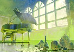  1girl absurdres artist_name barefoot bell closed_mouth commentary english_text glasses grand_piano green_theme highres indoors instrument jacket jingle_bell kikiccree limited_palette long_hair long_sleeves looking_at_object music on_bench original pants paper perspective piano piano_bench playing_instrument playing_piano reflection reflective_surface round_eyewear sheet_music sitting solo suit suit_jacket translation_request watermark wide_shot window 