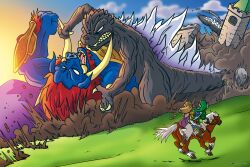  1boy 1girl animal_ears blonde_hair blue_eyes brandon_santiago commentary crossover dress english_commentary epona ganon giant giant_monster gloves godzilla hat highres holding holding_sword holding_weapon jewelry kaiju link long_hair master_sword monster multiple_boys open_mouth pig pointy_ears princess_zelda sharp_teeth shield short_hair spines sword tail teeth the_legend_of_zelda triforce weapon 