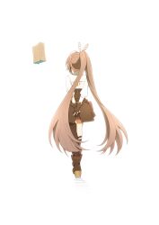  1girl absurdres arms_behind_back black_skirt boots brown_boots brown_gloves brown_hair brown_thighhighs commentary ddolbang feather_hair_ornament feathers friend_(nanashi_mumei) from_behind gloves hair_ornament highres hololive hololive_english long_hair long_sleeves nanashi_mumei nanashi_mumei_(1st_costume) partially_fingerless_gloves shirt simple_background single_thighhigh skirt thigh-highs very_long_hair virtual_youtuber white_background white_shirt 